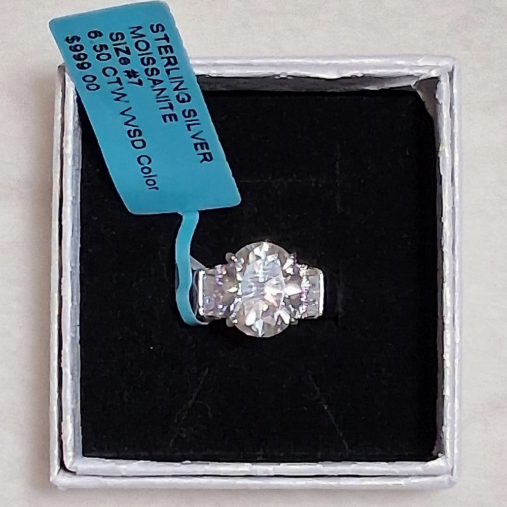 Sterling Silver Moissanite Three-Stone Ring - White Sparkle